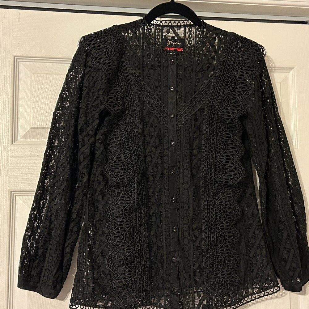 JOHNNY WAS Sz XS Black Long Sleeve SOLUNA Lace Blouse